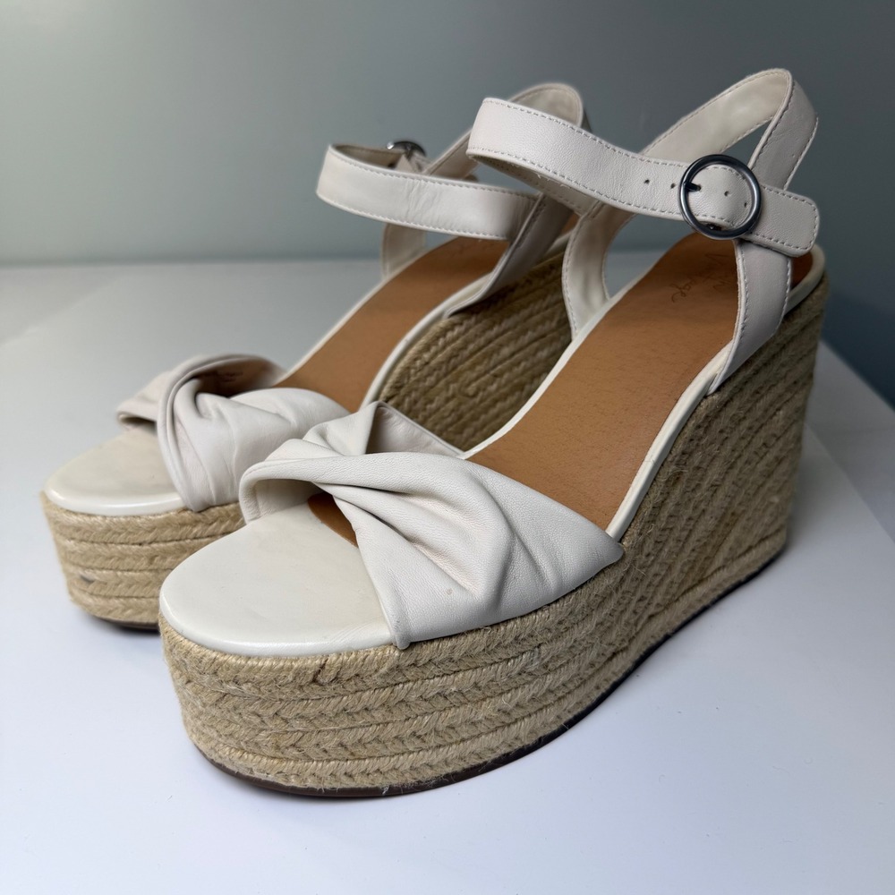 Crown Vintage Margreth Off White Leather Espadrille Wedge Sandals‎ Womens 9.5 M